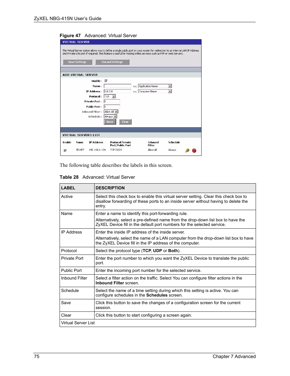 Figure 47 advanced: virtual server, Table 28 advanced: virtual server | ZyXEL Communications NBG-415N User Manual | Page 75 / 155