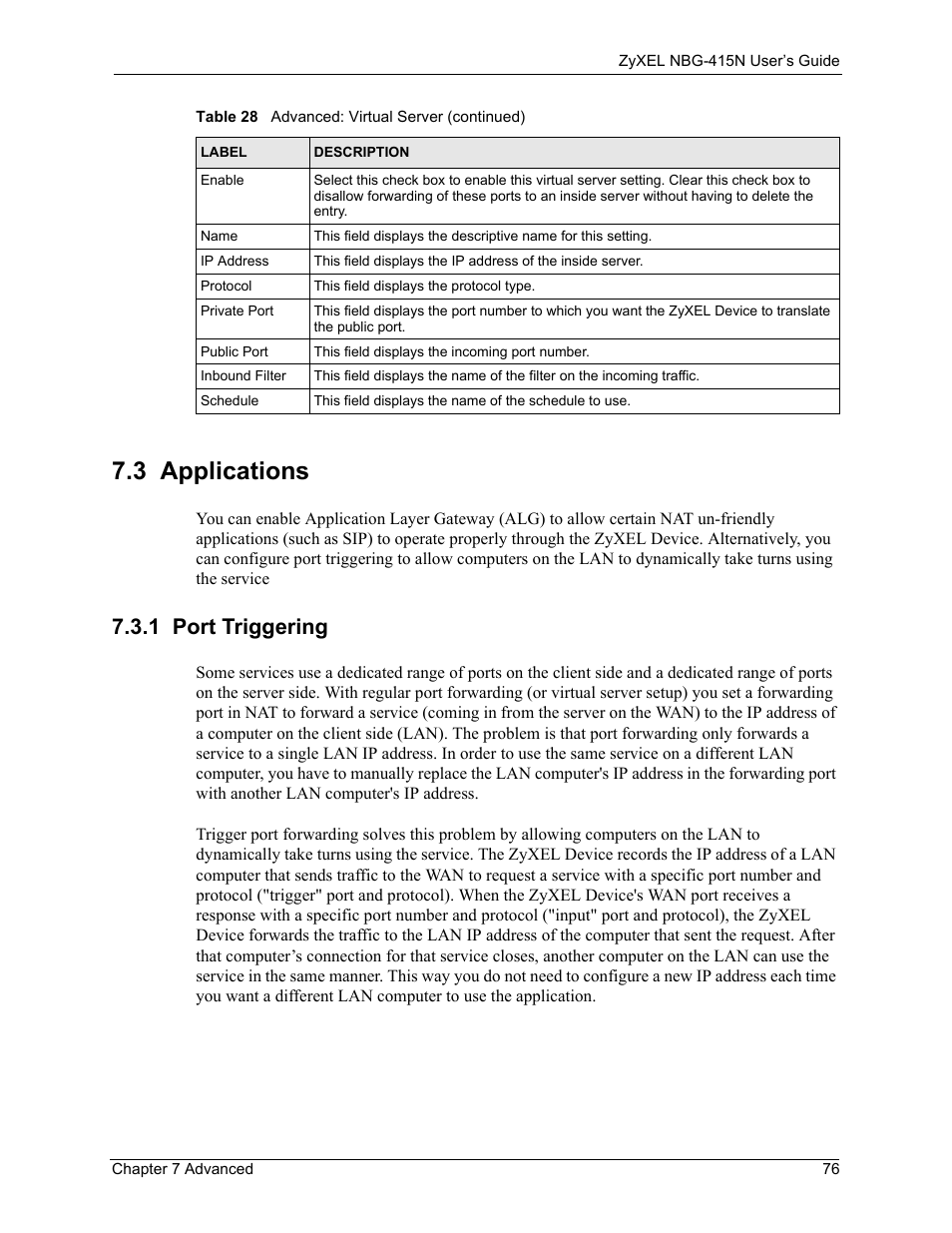 3 applications, 1 port triggering | ZyXEL Communications NBG-415N User Manual | Page 76 / 155