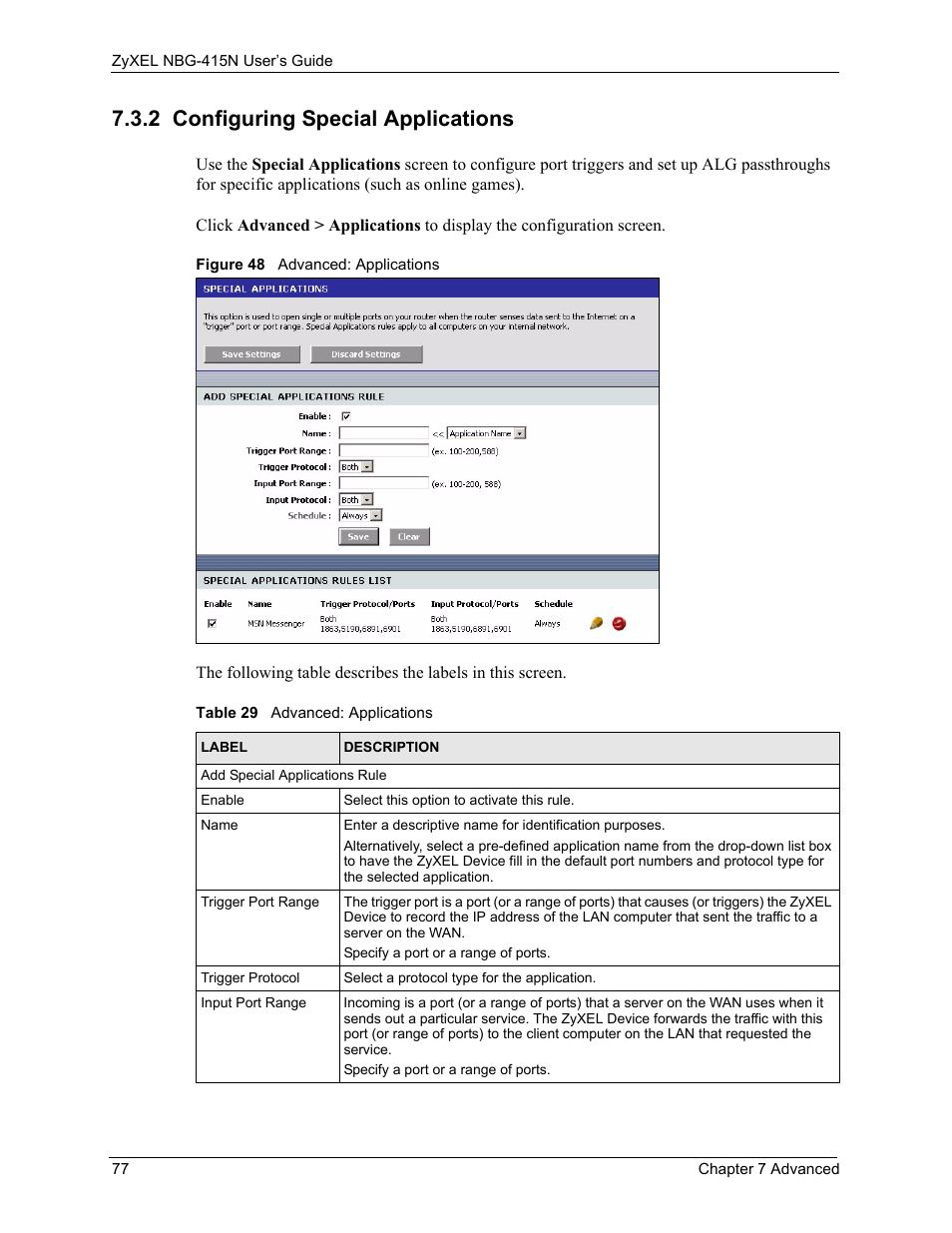 2 configuring special applications, Figure 48 advanced: applications, Table 29 advanced: applications | ZyXEL Communications NBG-415N User Manual | Page 77 / 155