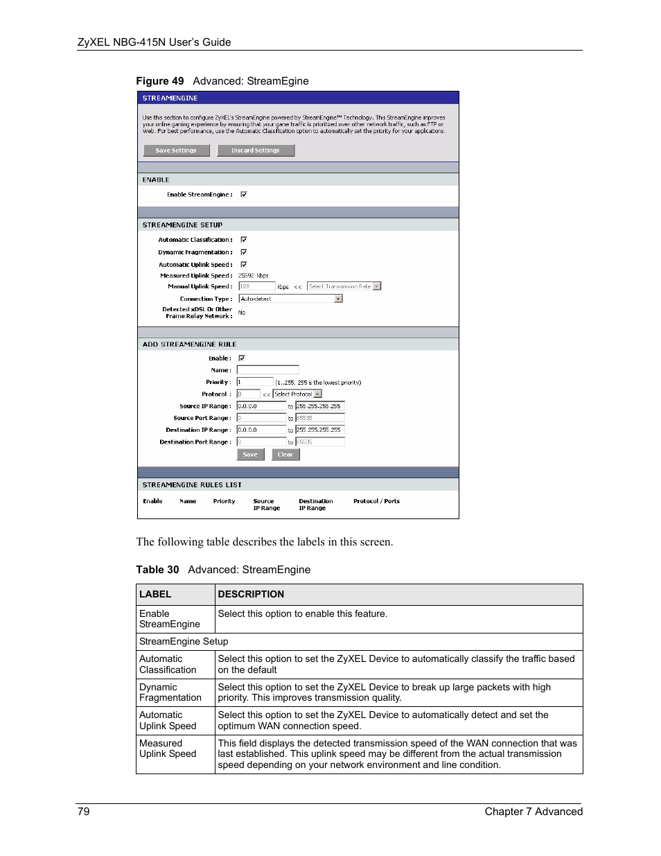 Figure 49 advanced: streamegine, Table 30 advanced: streamengine | ZyXEL Communications NBG-415N User Manual | Page 79 / 155