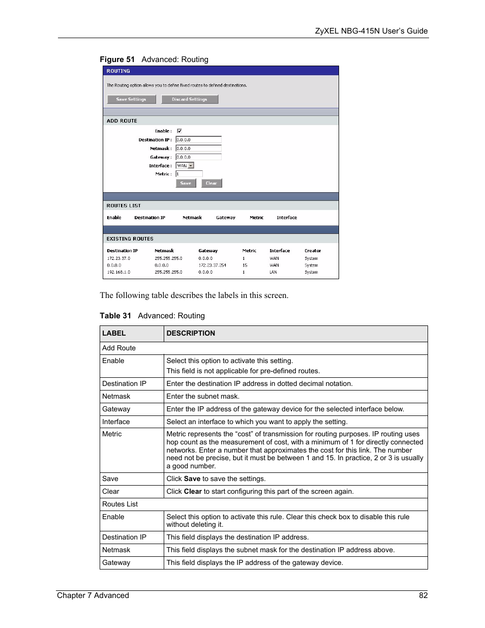 Figure 51 advanced: routing, Table 31 advanced: routing | ZyXEL Communications NBG-415N User Manual | Page 82 / 155