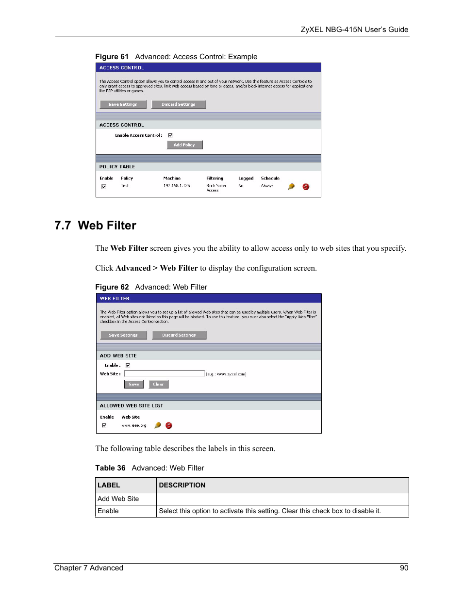 7 web filter, Table 36 advanced: web filter | ZyXEL Communications NBG-415N User Manual | Page 90 / 155