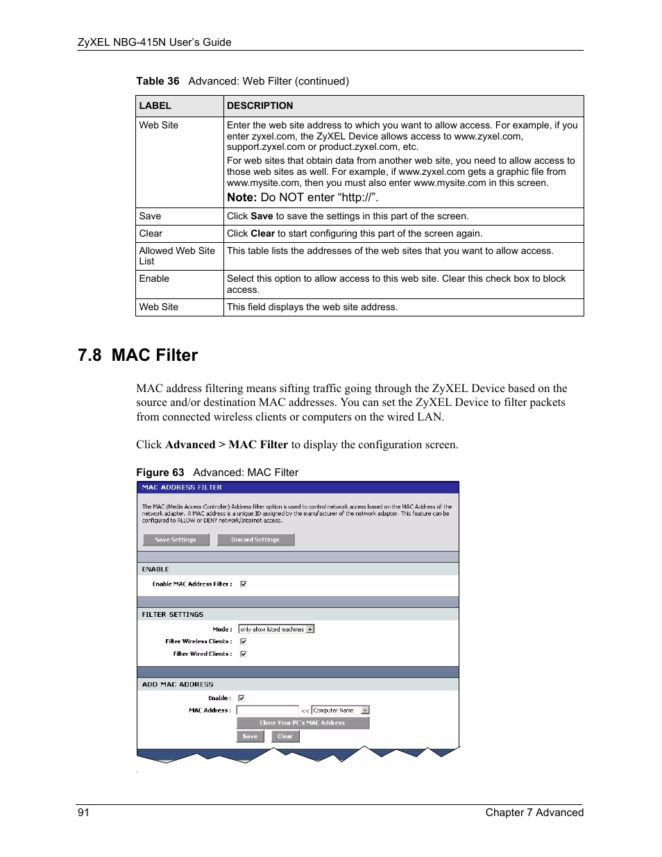 8 mac filter, Figure 63 advanced: mac filter | ZyXEL Communications NBG-415N User Manual | Page 91 / 155