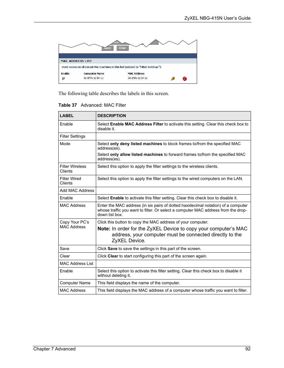 Table 37 advanced: mac filter | ZyXEL Communications NBG-415N User Manual | Page 92 / 155