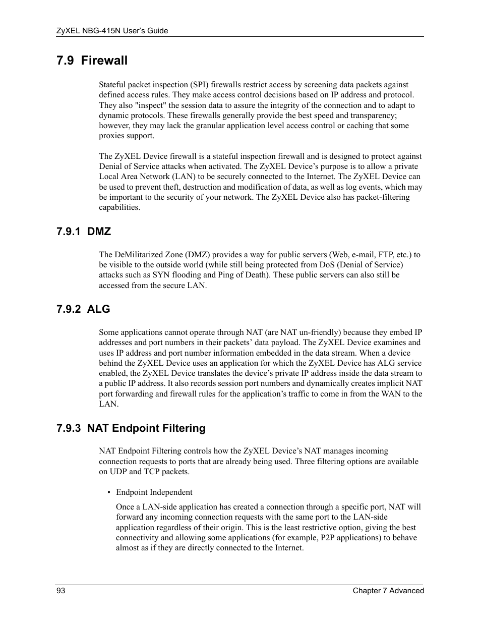 9 firewall, 1 dmz, 2 alg | 3 nat endpoint filtering, 1 dmz 7.9.2 alg 7.9.3 nat endpoint filtering | ZyXEL Communications NBG-415N User Manual | Page 93 / 155