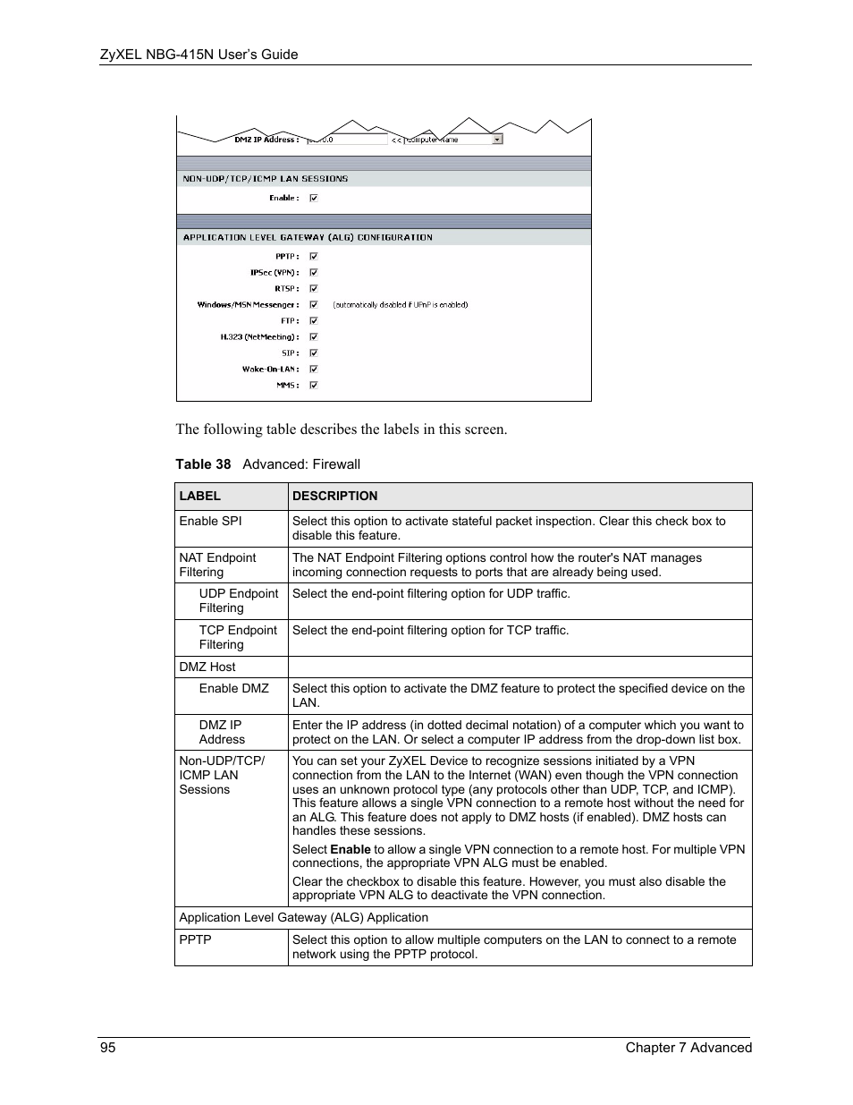 Table 38 advanced: firewall | ZyXEL Communications NBG-415N User Manual | Page 95 / 155
