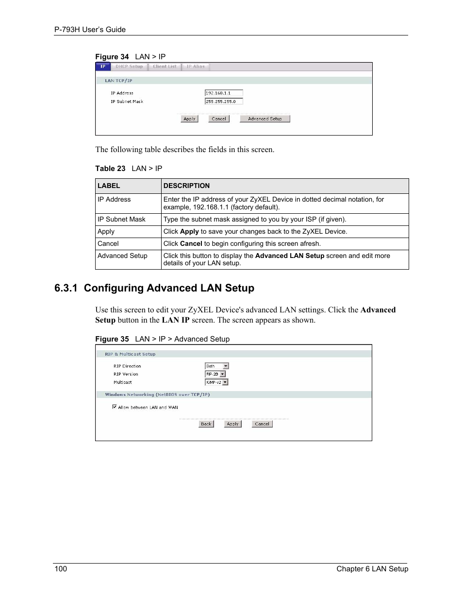 1 configuring advanced lan setup, Table 23 lan > ip | ZyXEL Communications G.SHDSL.bis 4-port Security Gateway P-793H User Manual | Page 100 / 432