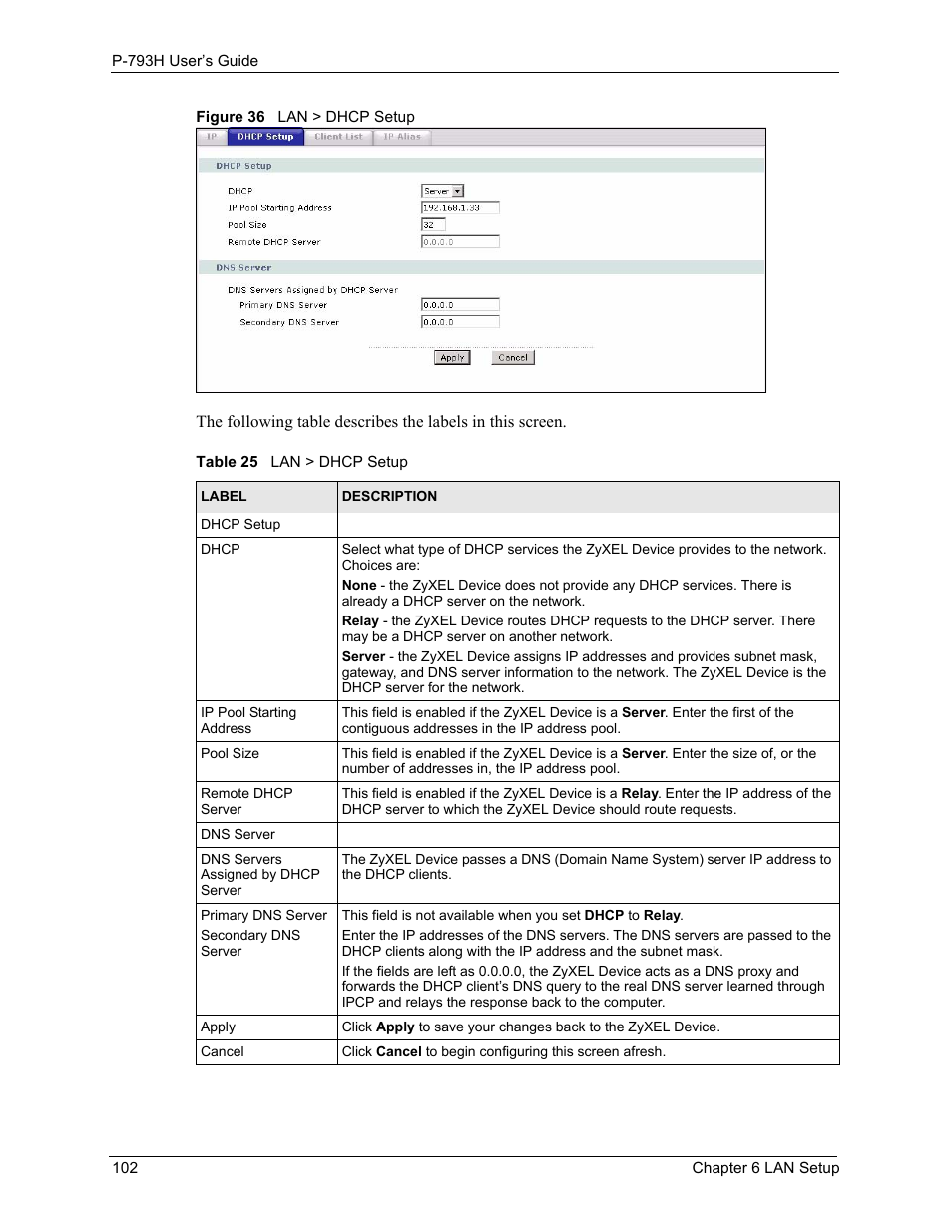 Figure 36 lan > dhcp setup, Table 25 lan > dhcp setup | ZyXEL Communications G.SHDSL.bis 4-port Security Gateway P-793H User Manual | Page 102 / 432