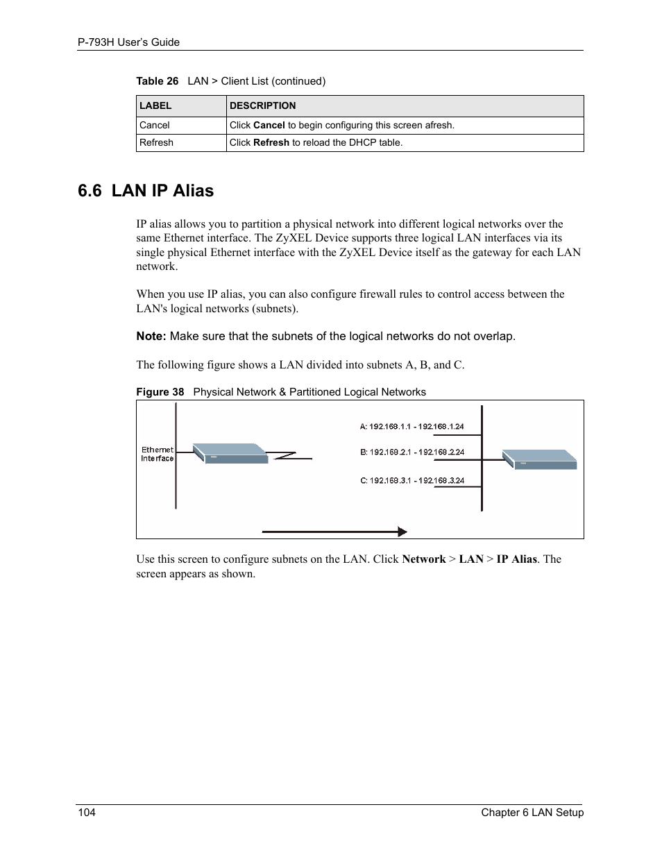 6 lan ip alias | ZyXEL Communications G.SHDSL.bis 4-port Security Gateway P-793H User Manual | Page 104 / 432