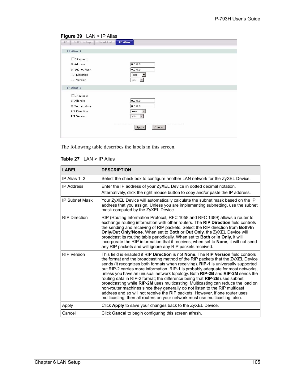 Figure 39 lan > ip alias, Table 27 lan > ip alias | ZyXEL Communications G.SHDSL.bis 4-port Security Gateway P-793H User Manual | Page 105 / 432
