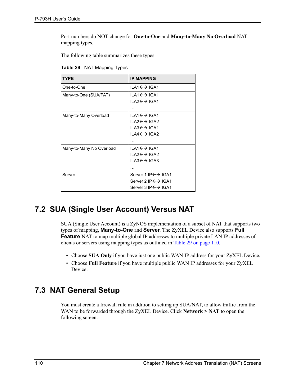 2 sua (single user account) versus nat, 3 nat general setup, Table 29 nat mapping types | ZyXEL Communications G.SHDSL.bis 4-port Security Gateway P-793H User Manual | Page 110 / 432