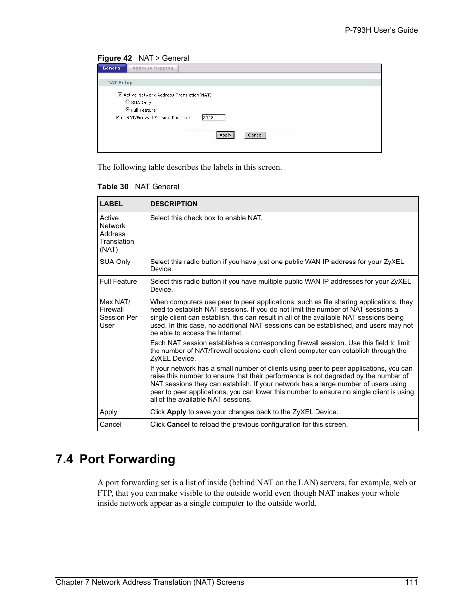 4 port forwarding, Figure 42 nat > general, Table 30 nat general | ZyXEL Communications G.SHDSL.bis 4-port Security Gateway P-793H User Manual | Page 111 / 432