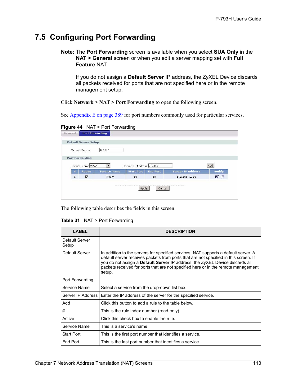5 configuring port forwarding, Figure 44 nat > port forwarding, Table 31 nat > port forwarding | ZyXEL Communications G.SHDSL.bis 4-port Security Gateway P-793H User Manual | Page 113 / 432