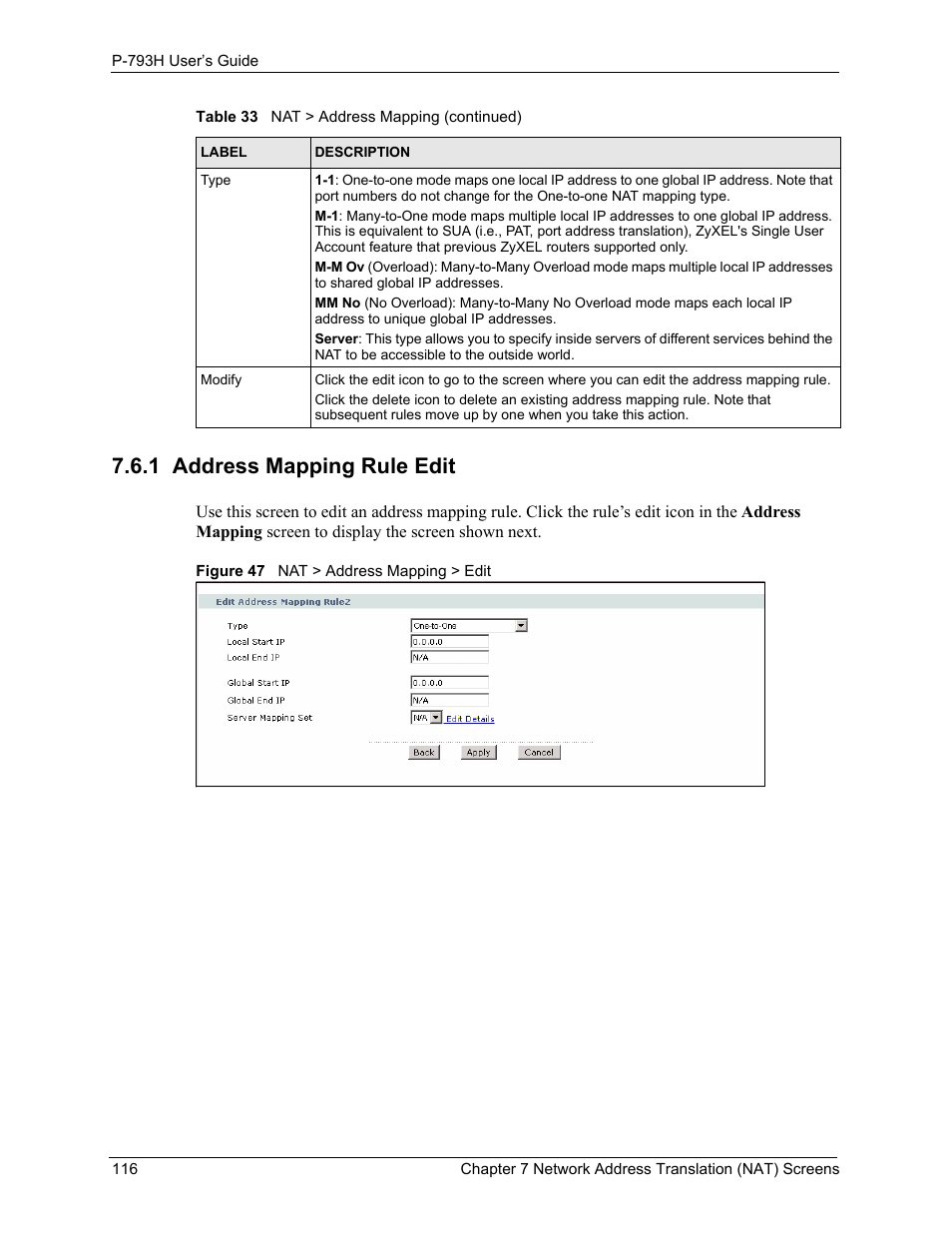 1 address mapping rule edit, Figure 47 nat > address mapping > edit | ZyXEL Communications G.SHDSL.bis 4-port Security Gateway P-793H User Manual | Page 116 / 432