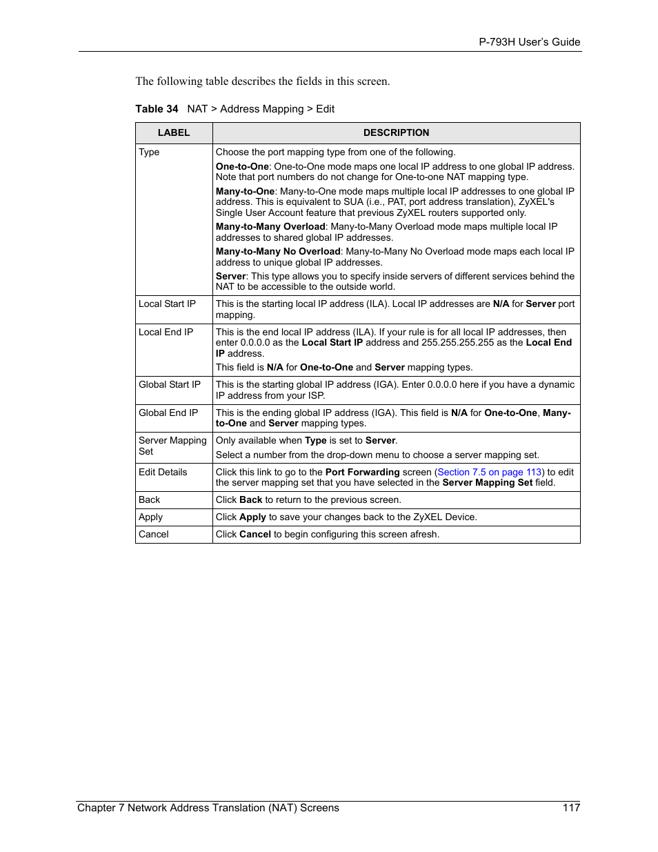 Table 34 nat > address mapping > edit | ZyXEL Communications G.SHDSL.bis 4-port Security Gateway P-793H User Manual | Page 117 / 432