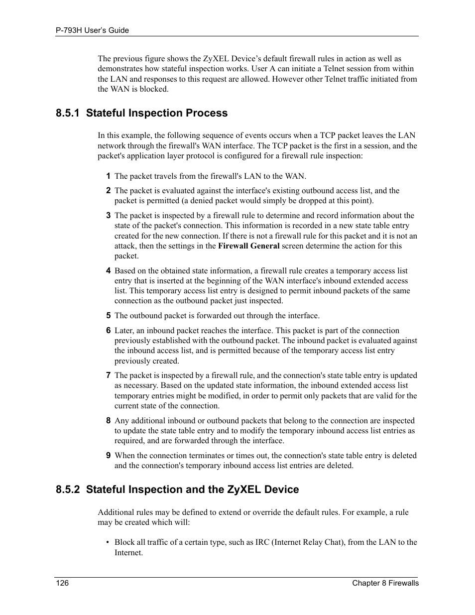 1 stateful inspection process, 2 stateful inspection and the zyxel device | ZyXEL Communications G.SHDSL.bis 4-port Security Gateway P-793H User Manual | Page 126 / 432