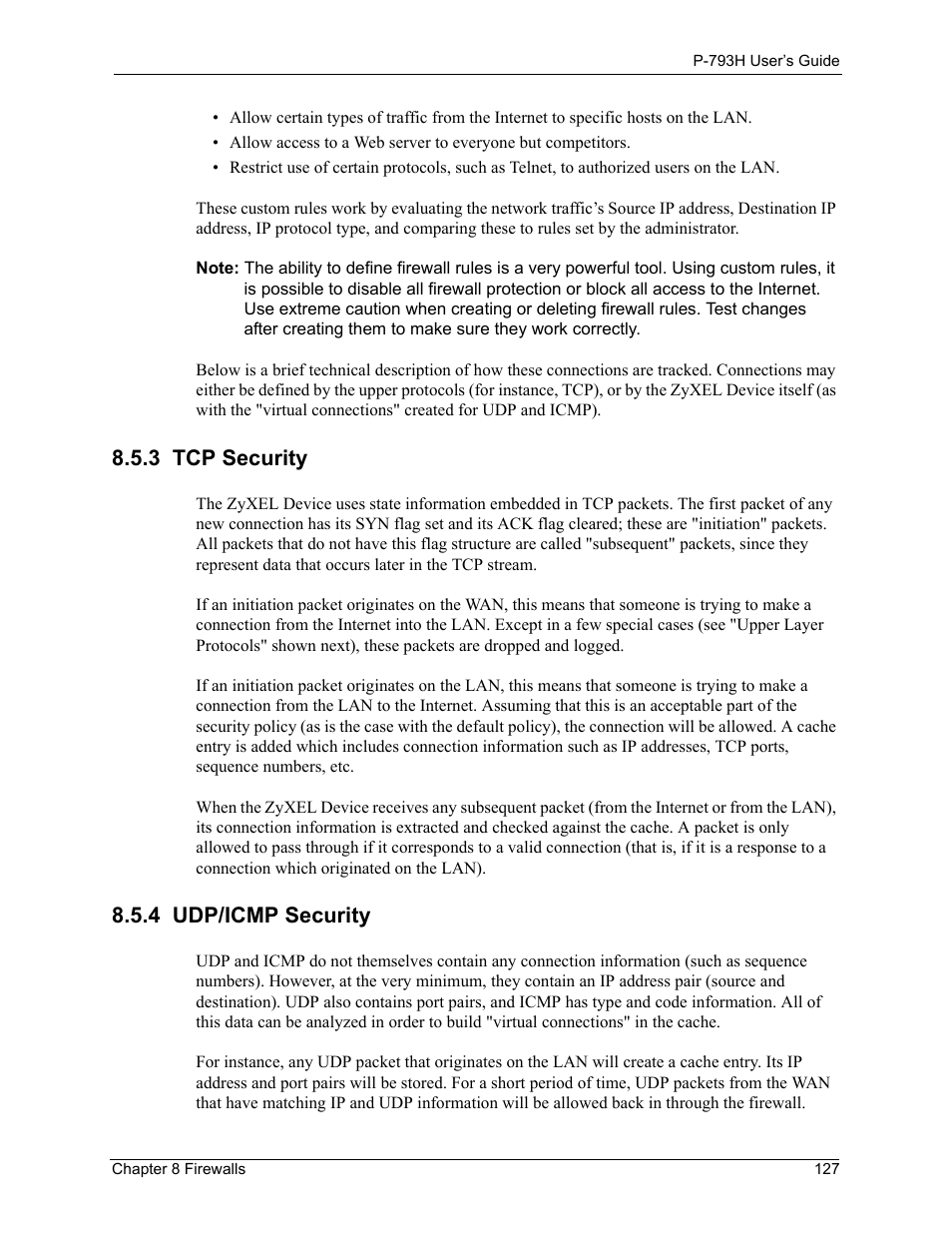 3 tcp security, 4 udp/icmp security, 3 tcp security 8.5.4 udp/icmp security | ZyXEL Communications G.SHDSL.bis 4-port Security Gateway P-793H User Manual | Page 127 / 432
