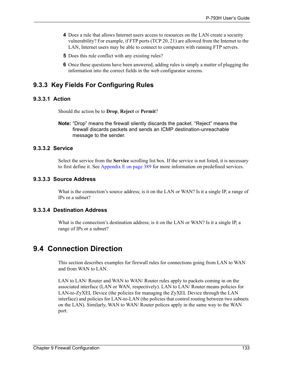 3 key fields for configuring rules, 1 action, 2 service | 3 source address, 4 destination address, 4 connection direction | ZyXEL Communications G.SHDSL.bis 4-port Security Gateway P-793H User Manual | Page 133 / 432