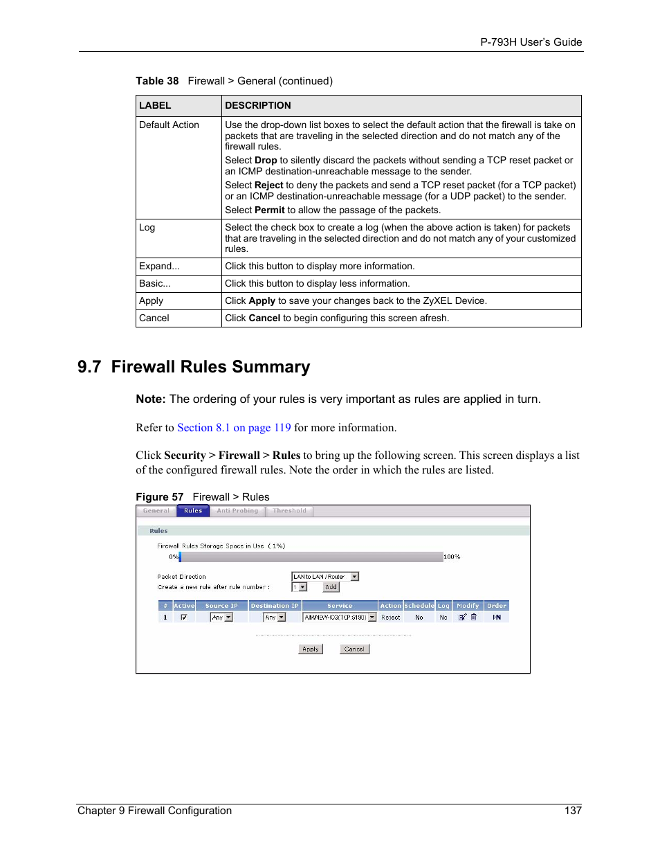 7 firewall rules summary, Figure 57 firewall > rules, Refer to | ZyXEL Communications G.SHDSL.bis 4-port Security Gateway P-793H User Manual | Page 137 / 432