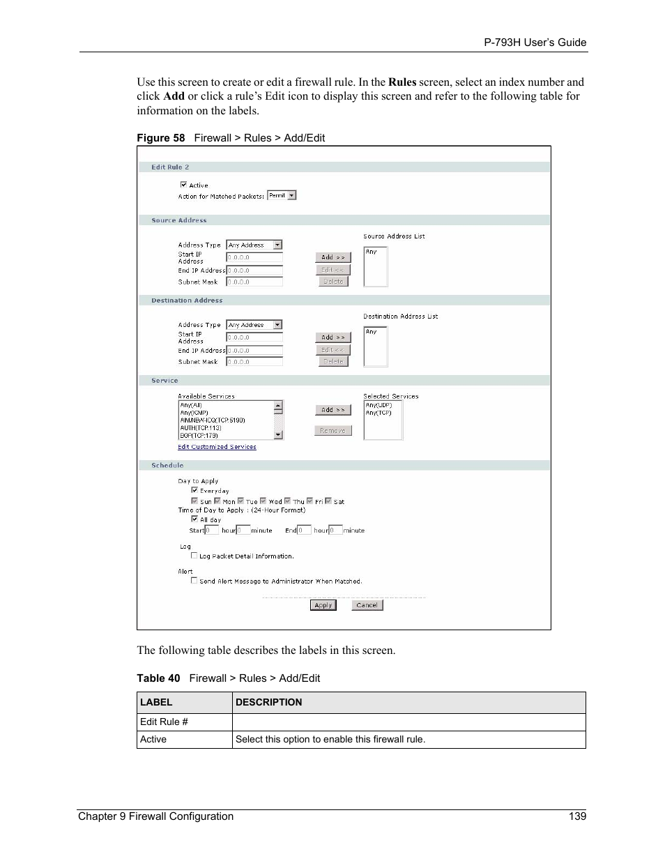 Figure 58 firewall > rules > add/edit, Table 40 firewall > rules > add/edit, Figure 58 | ZyXEL Communications G.SHDSL.bis 4-port Security Gateway P-793H User Manual | Page 139 / 432