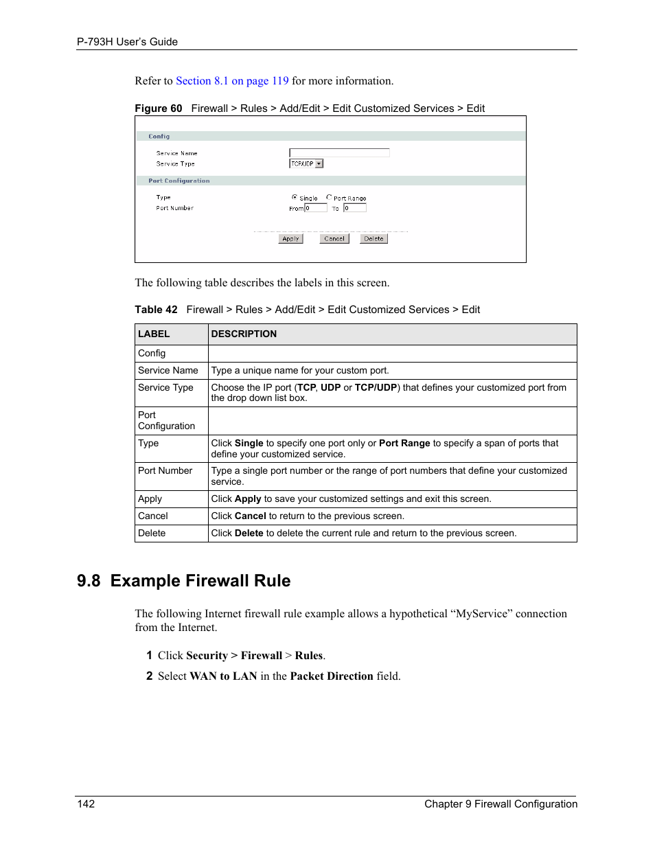 8 example firewall rule | ZyXEL Communications G.SHDSL.bis 4-port Security Gateway P-793H User Manual | Page 142 / 432