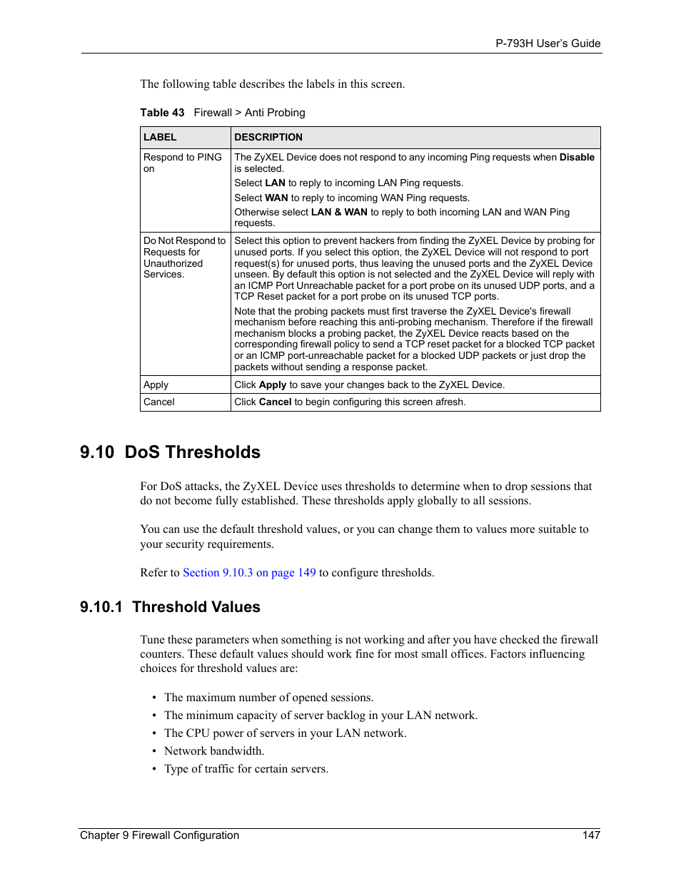 10 dos thresholds, 1 threshold values, Table 43 firewall > anti probing | ZyXEL Communications G.SHDSL.bis 4-port Security Gateway P-793H User Manual | Page 147 / 432
