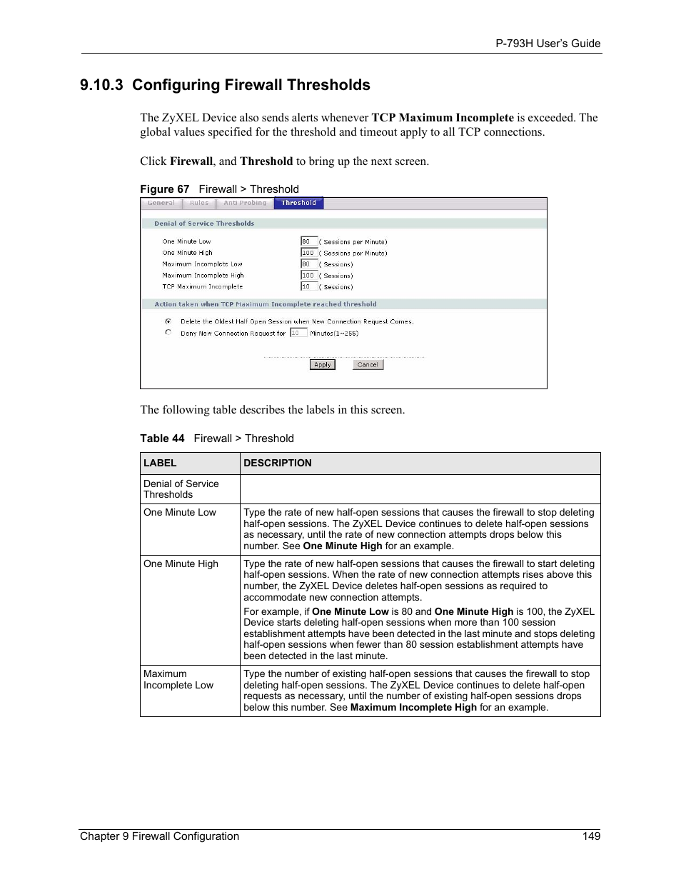 3 configuring firewall thresholds, Figure 67 firewall > threshold, Table 44 firewall > threshold | Refer to | ZyXEL Communications G.SHDSL.bis 4-port Security Gateway P-793H User Manual | Page 149 / 432