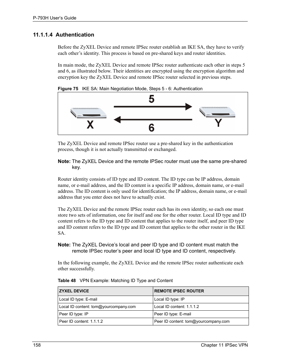 4 authentication, Table 48 vpn example: matching id type and content | ZyXEL Communications G.SHDSL.bis 4-port Security Gateway P-793H User Manual | Page 158 / 432