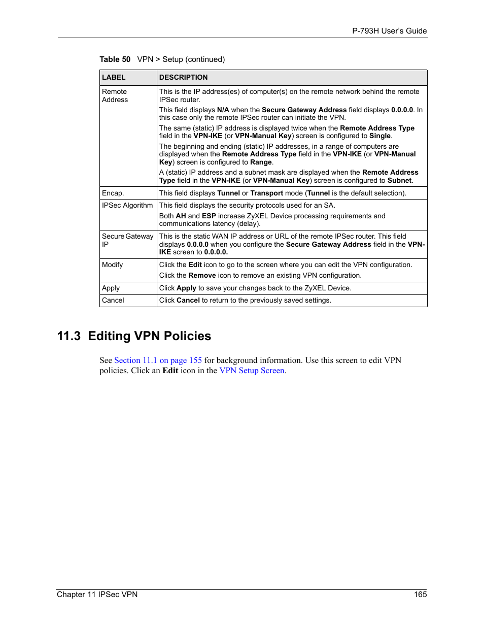 3 editing vpn policies | ZyXEL Communications G.SHDSL.bis 4-port Security Gateway P-793H User Manual | Page 165 / 432