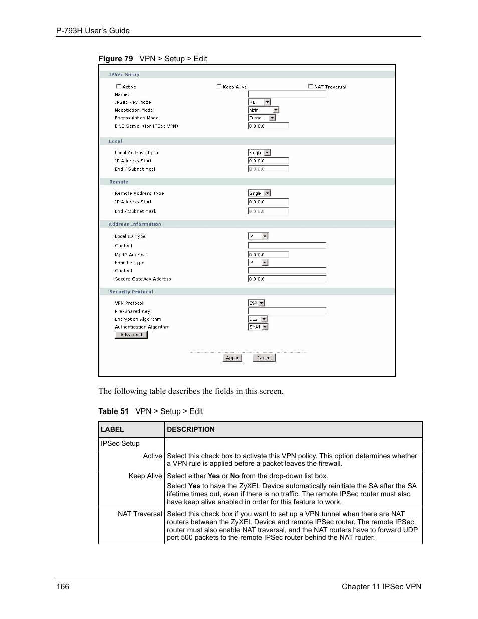Figure 79 vpn > setup > edit, Table 51 vpn > setup > edit | ZyXEL Communications G.SHDSL.bis 4-port Security Gateway P-793H User Manual | Page 166 / 432