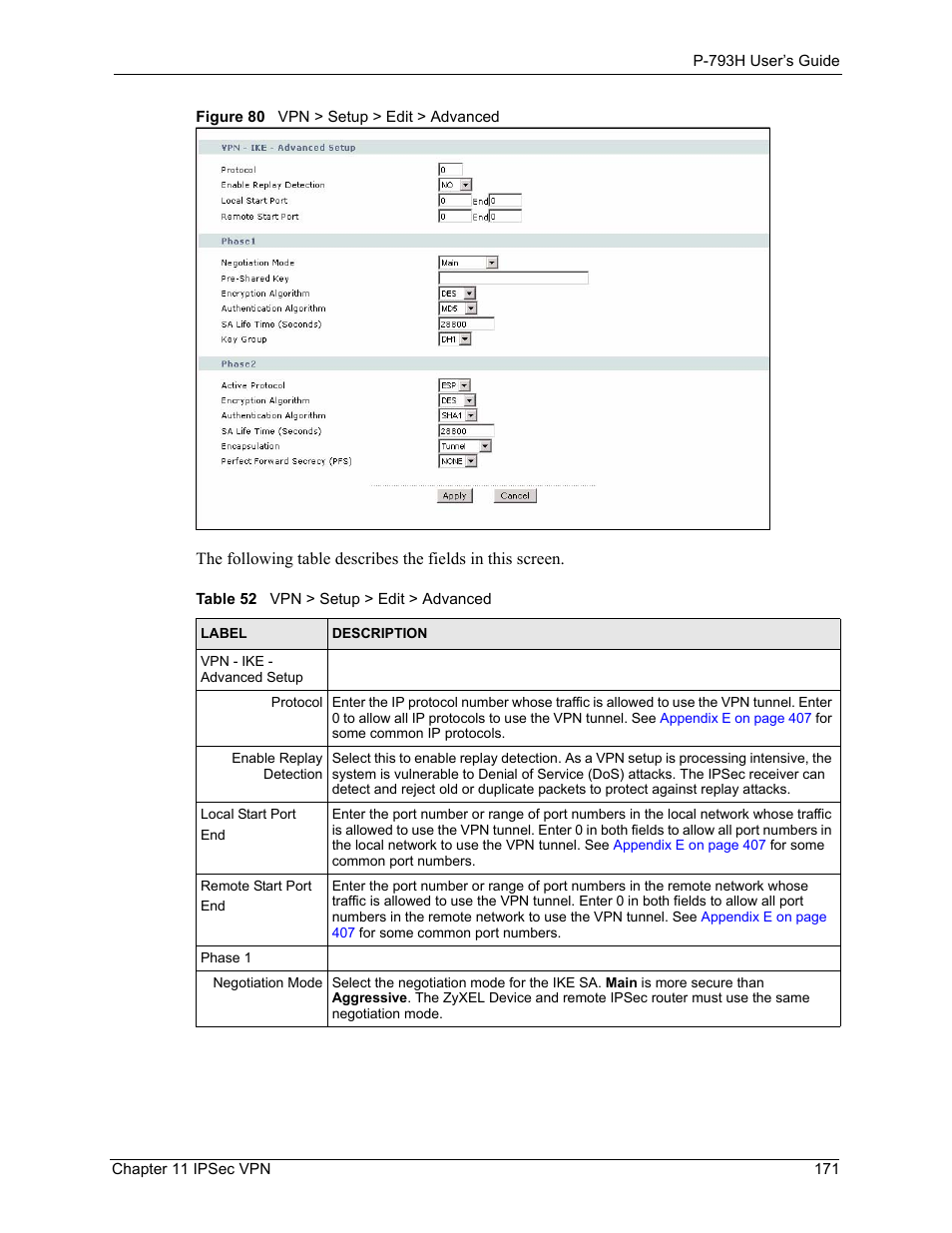 Figure 80 vpn > setup > edit > advanced, Table 52 vpn > setup > edit > advanced | ZyXEL Communications G.SHDSL.bis 4-port Security Gateway P-793H User Manual | Page 171 / 432