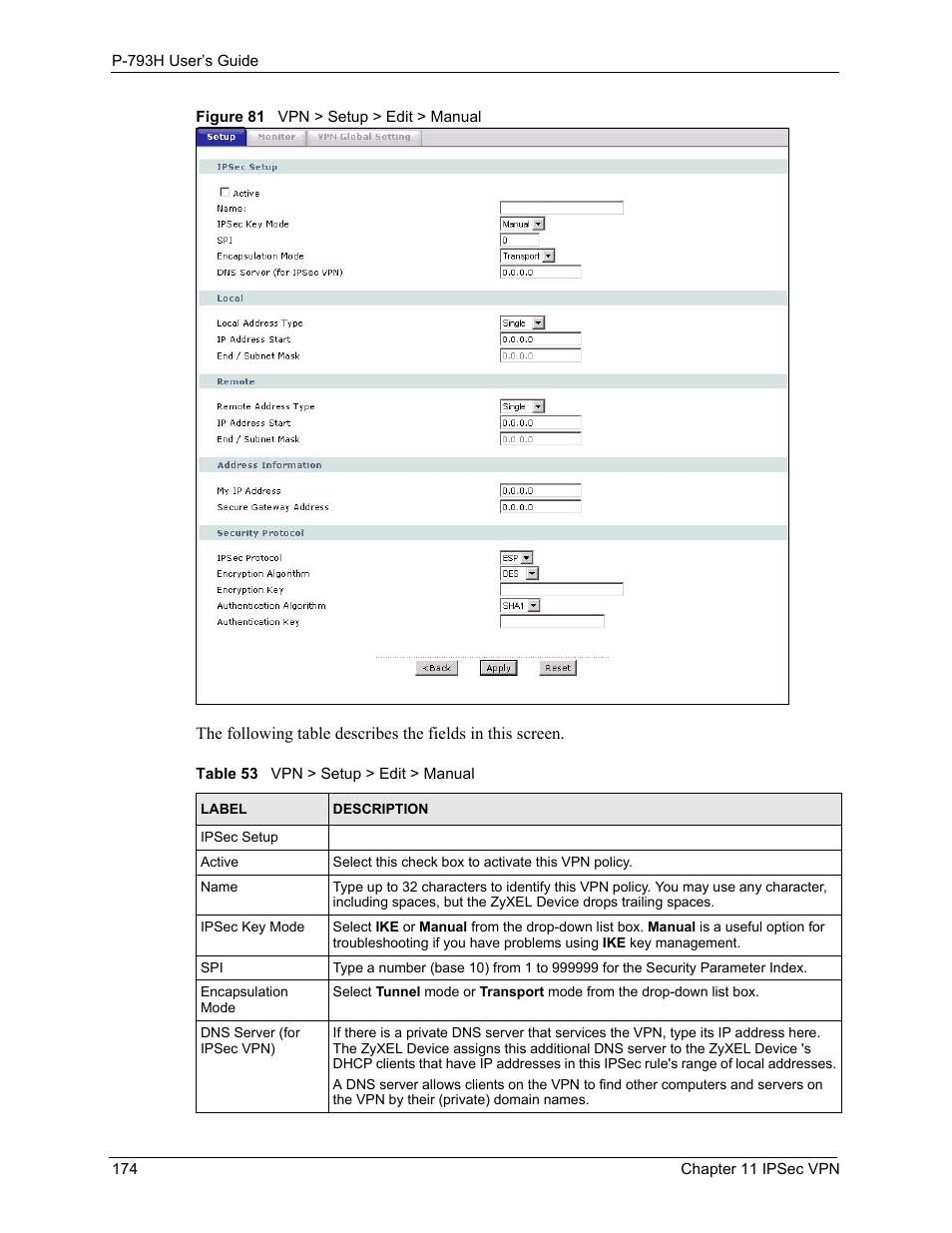 Figure 81 vpn > setup > edit > manual, Table 53 vpn > setup > edit > manual | ZyXEL Communications G.SHDSL.bis 4-port Security Gateway P-793H User Manual | Page 174 / 432