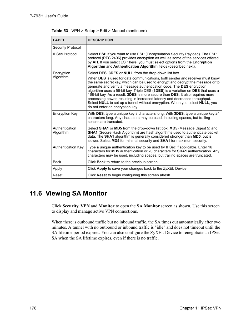 6 viewing sa monitor | ZyXEL Communications G.SHDSL.bis 4-port Security Gateway P-793H User Manual | Page 176 / 432