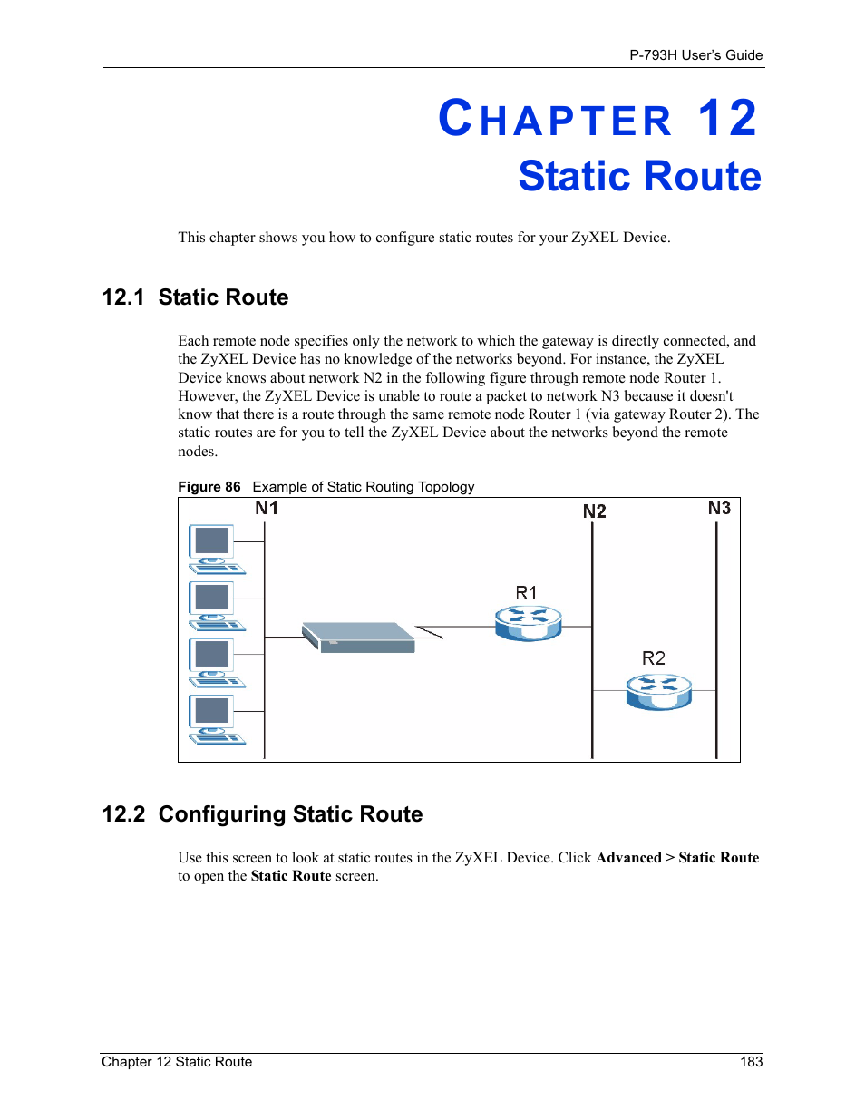 Static route, 1 static route, 2 configuring static route | Chapter 12 static route, 1 static route 12.2 configuring static route, Figure 86 example of static routing topology | ZyXEL Communications G.SHDSL.bis 4-port Security Gateway P-793H User Manual | Page 183 / 432