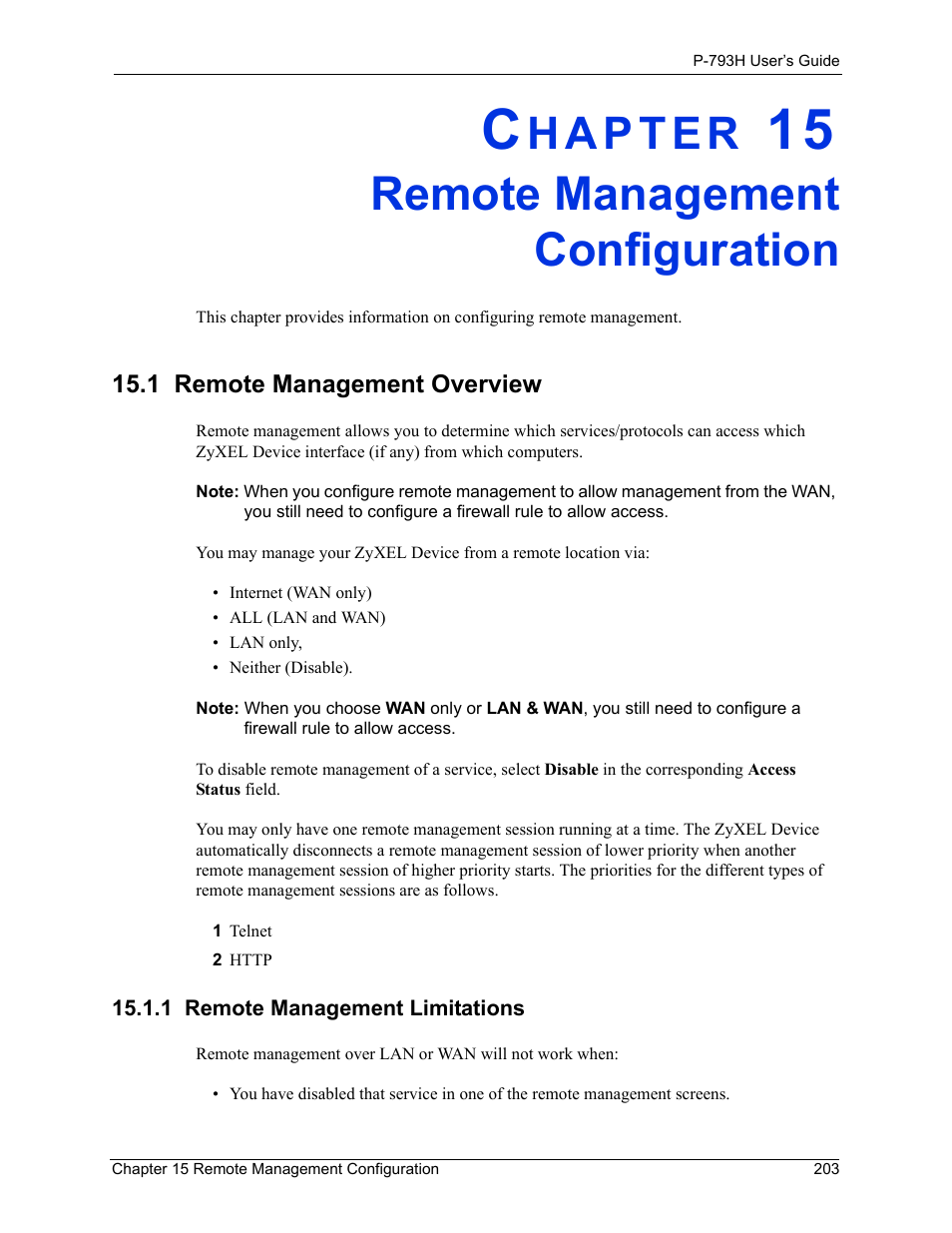 Remote management configuration, 1 remote management overview, 1 remote management limitations | Chapter 15 remote management configuration | ZyXEL Communications G.SHDSL.bis 4-port Security Gateway P-793H User Manual | Page 203 / 432