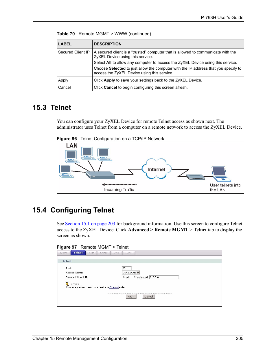 3 telnet, 4 configuring telnet, 3 telnet 15.4 configuring telnet | ZyXEL Communications G.SHDSL.bis 4-port Security Gateway P-793H User Manual | Page 205 / 432