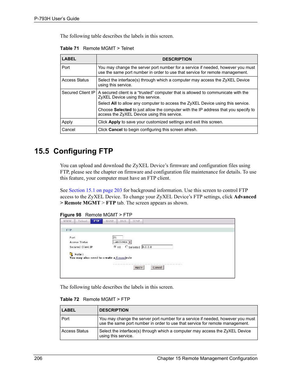 5 configuring ftp, Figure 98 remote mgmt > ftp | ZyXEL Communications G.SHDSL.bis 4-port Security Gateway P-793H User Manual | Page 206 / 432