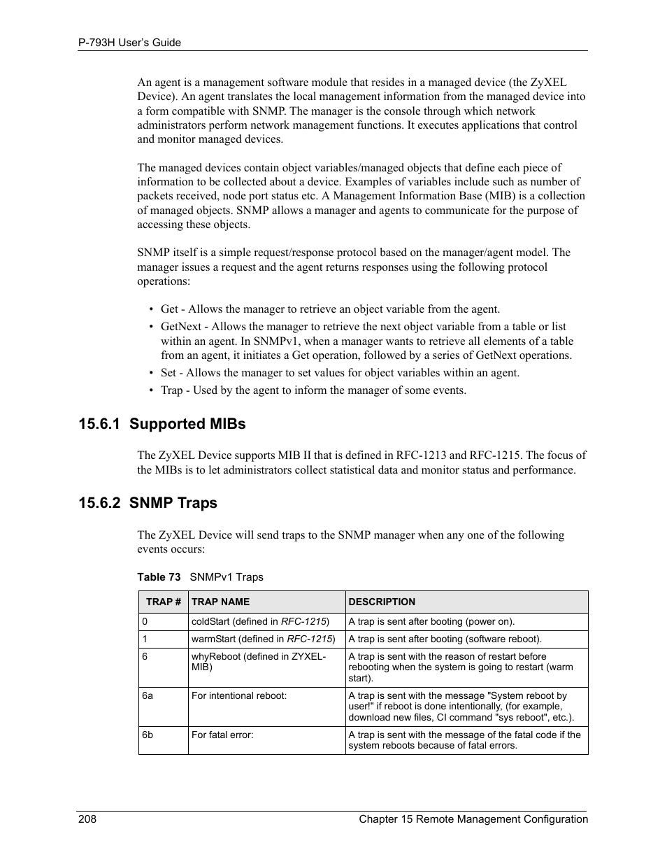 1 supported mibs, 2 snmp traps, 1 supported mibs 15.6.2 snmp traps | Table 73 snmpv1 traps | ZyXEL Communications G.SHDSL.bis 4-port Security Gateway P-793H User Manual | Page 208 / 432