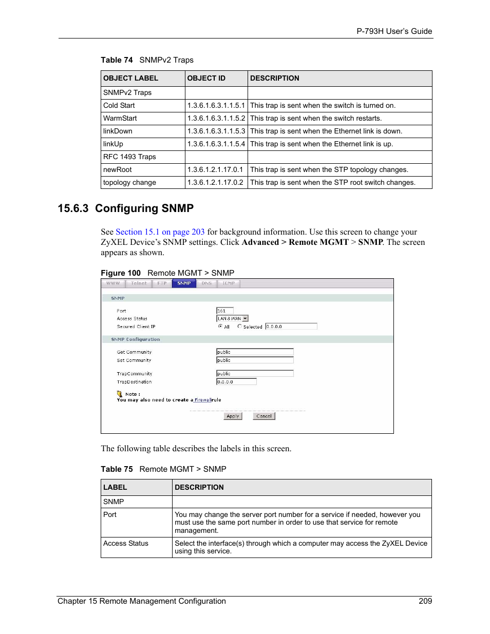 3 configuring snmp, Figure 100 remote mgmt > snmp, Table 74 snmpv2 traps table 75 remote mgmt > snmp | ZyXEL Communications G.SHDSL.bis 4-port Security Gateway P-793H User Manual | Page 209 / 432