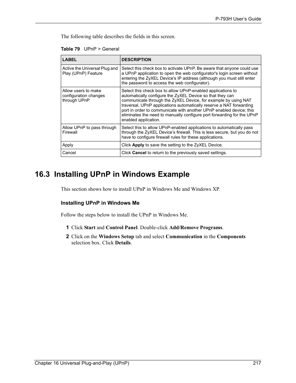 3 installing upnp in windows example, Table 79 upnp > general | ZyXEL Communications G.SHDSL.bis 4-port Security Gateway P-793H User Manual | Page 217 / 432