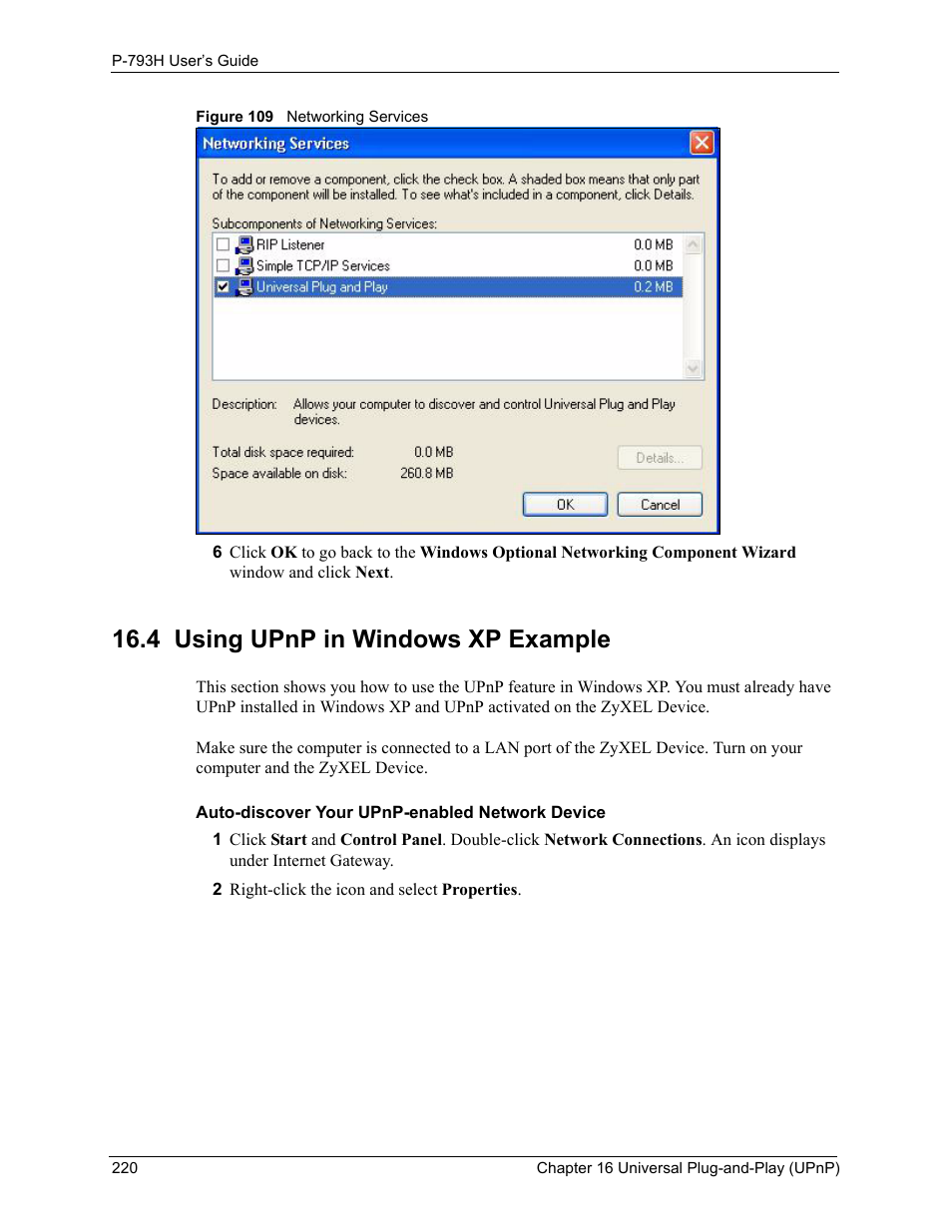4 using upnp in windows xp example, Figure 109 networking services | ZyXEL Communications G.SHDSL.bis 4-port Security Gateway P-793H User Manual | Page 220 / 432