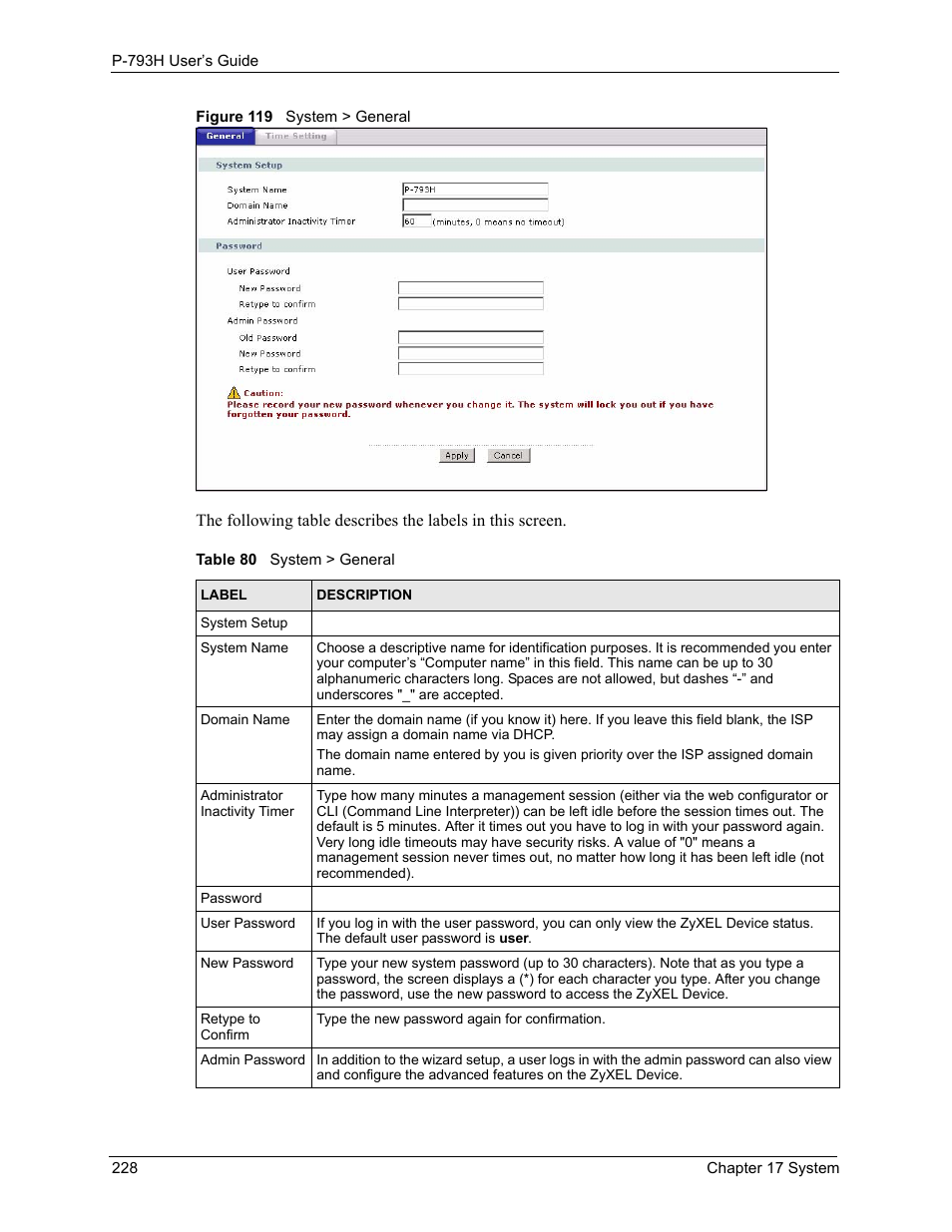 Figure 119 system > general, Table 80 system > general, System > general | ZyXEL Communications G.SHDSL.bis 4-port Security Gateway P-793H User Manual | Page 228 / 432