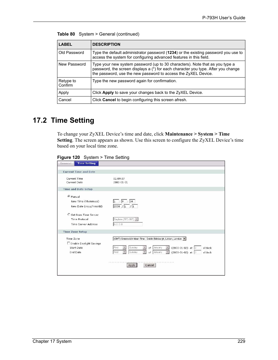 2 time setting, Figure 120 system > time setting | ZyXEL Communications G.SHDSL.bis 4-port Security Gateway P-793H User Manual | Page 229 / 432