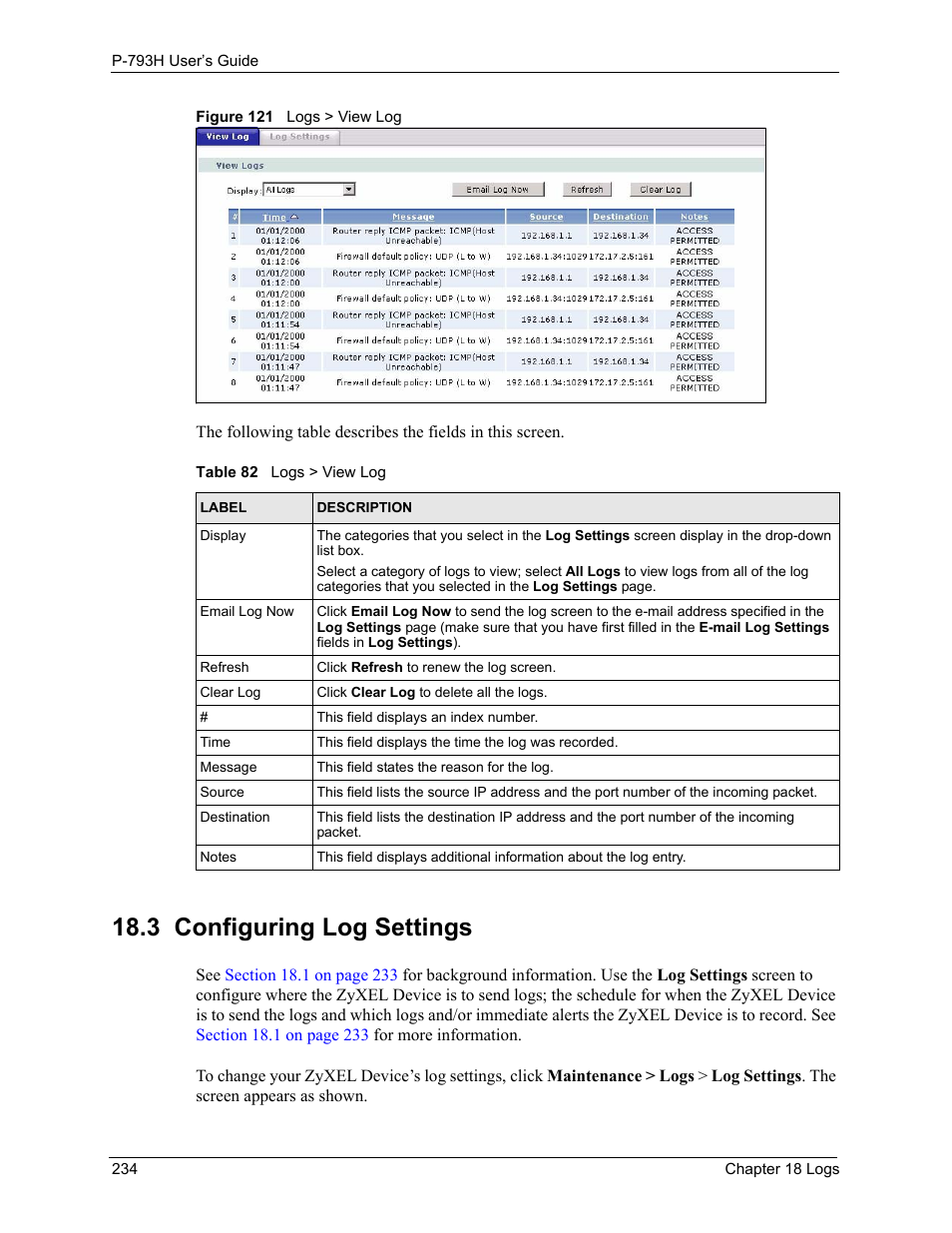 3 configuring log settings, Figure 121 logs > view log, Table 82 logs > view log | ZyXEL Communications G.SHDSL.bis 4-port Security Gateway P-793H User Manual | Page 234 / 432