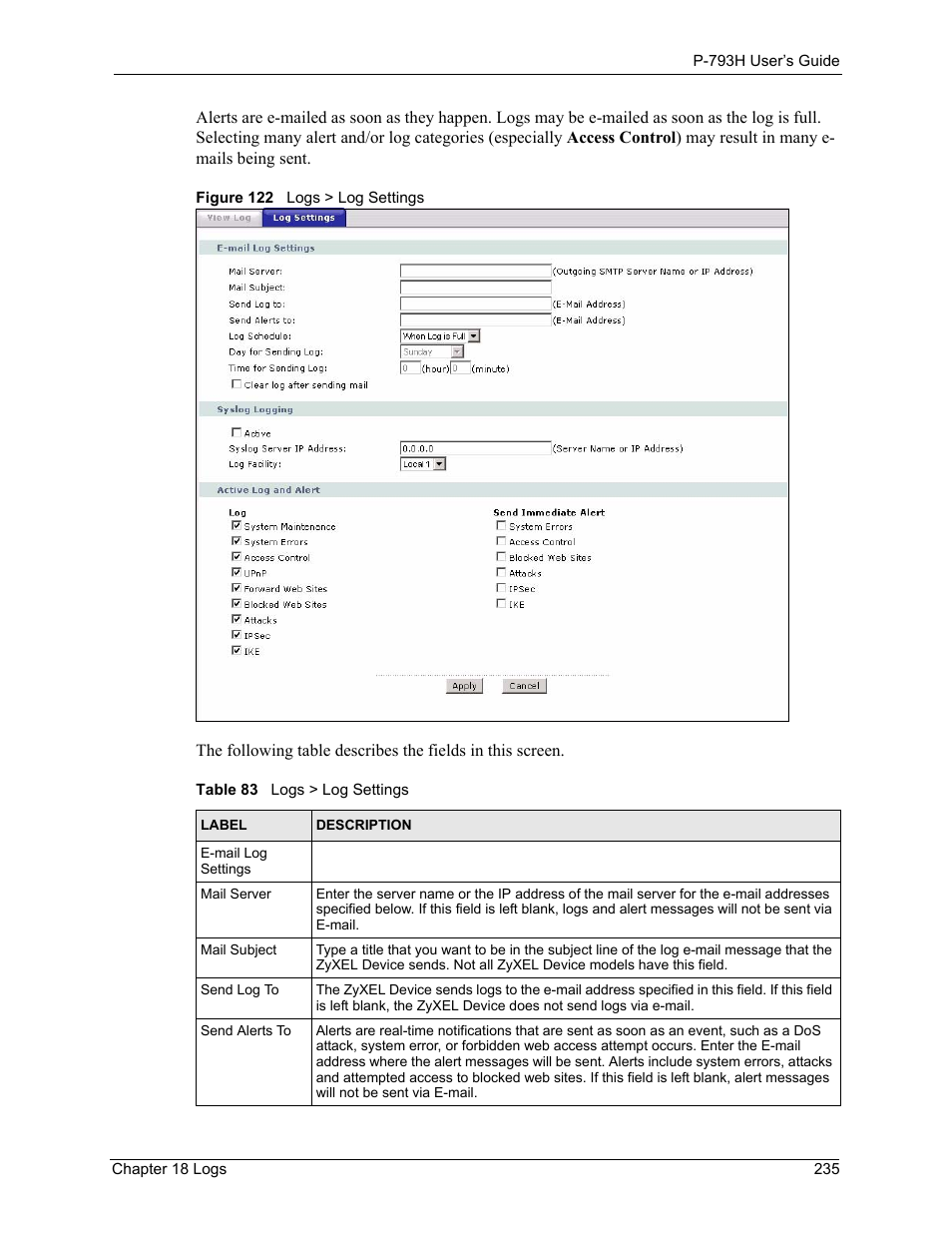 Figure 122 logs > log settings, Table 83 logs > log settings | ZyXEL Communications G.SHDSL.bis 4-port Security Gateway P-793H User Manual | Page 235 / 432