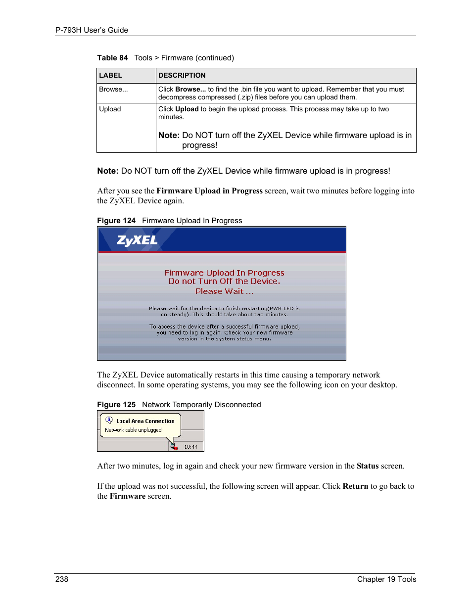 Figure 124 firmware upload in progress, Figure 125 network temporarily disconnected | ZyXEL Communications G.SHDSL.bis 4-port Security Gateway P-793H User Manual | Page 238 / 432