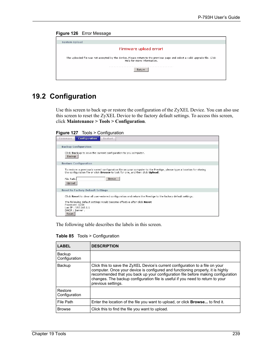 2 configuration, Table 85 tools > configuration | ZyXEL Communications G.SHDSL.bis 4-port Security Gateway P-793H User Manual | Page 239 / 432