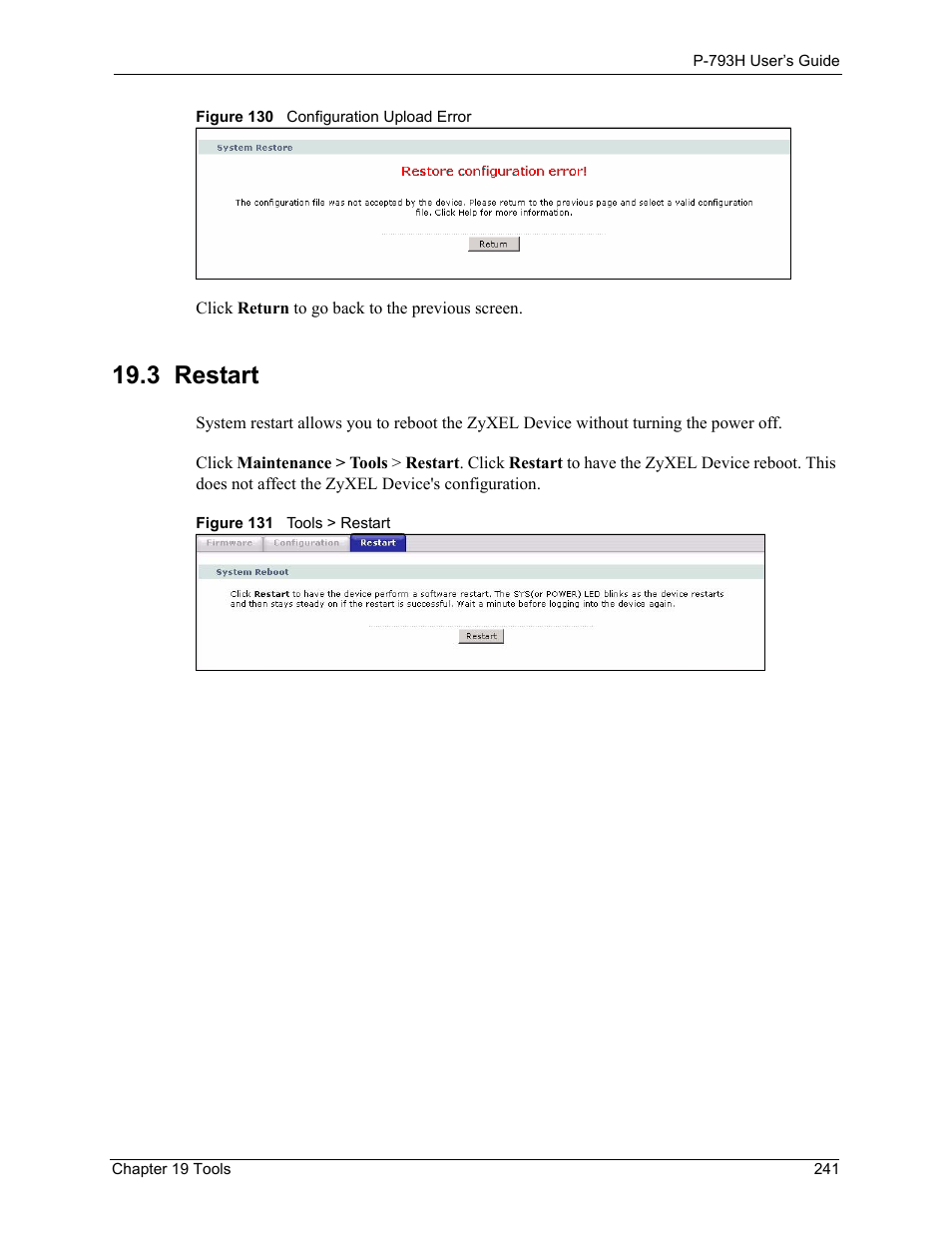 3 restart | ZyXEL Communications G.SHDSL.bis 4-port Security Gateway P-793H User Manual | Page 241 / 432