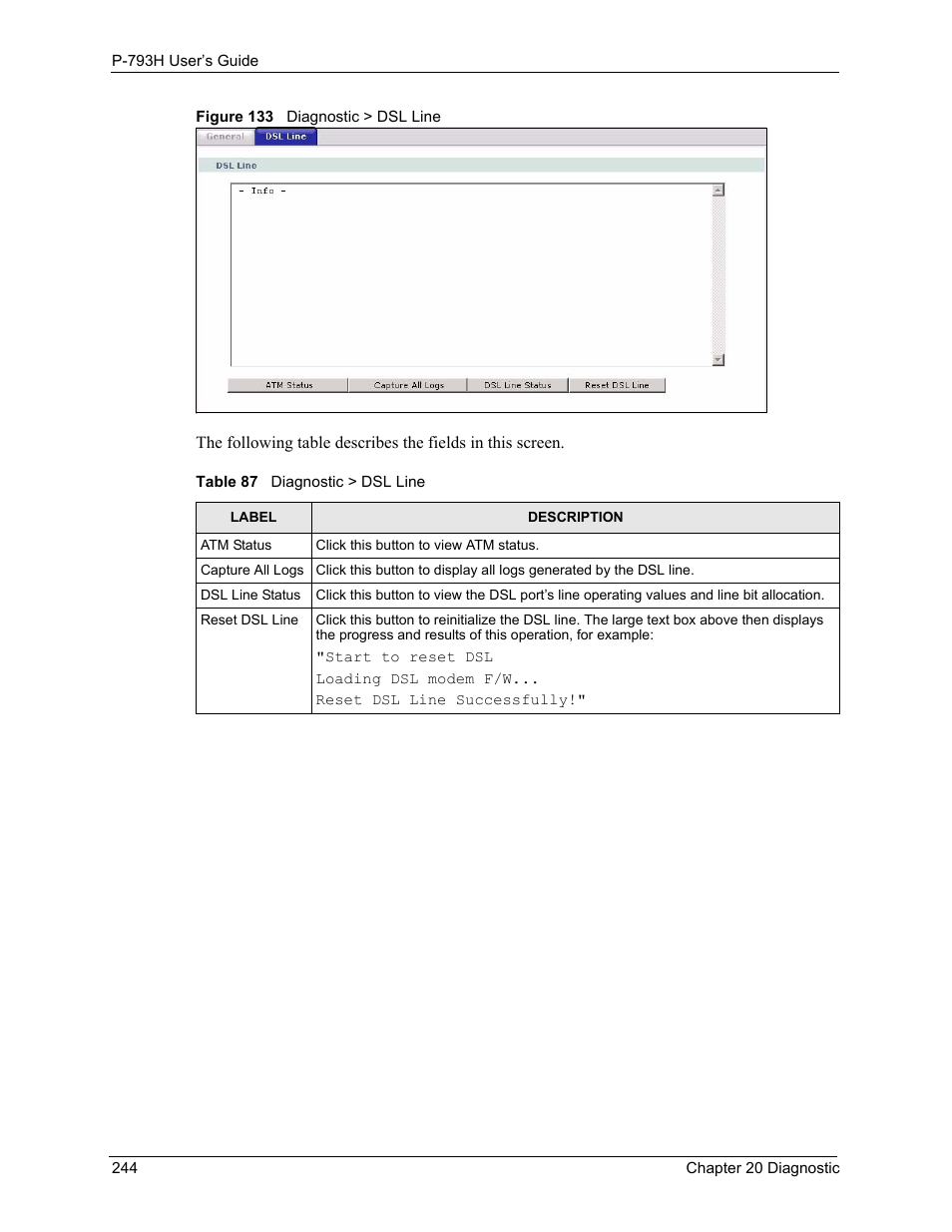 Figure 133 diagnostic > dsl line, Table 87 diagnostic > dsl line | ZyXEL Communications G.SHDSL.bis 4-port Security Gateway P-793H User Manual | Page 244 / 432