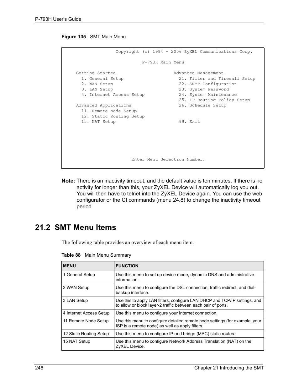 2 smt menu items, Figure 135 smt main menu, Table 88 main menu summary | ZyXEL Communications G.SHDSL.bis 4-port Security Gateway P-793H User Manual | Page 246 / 432
